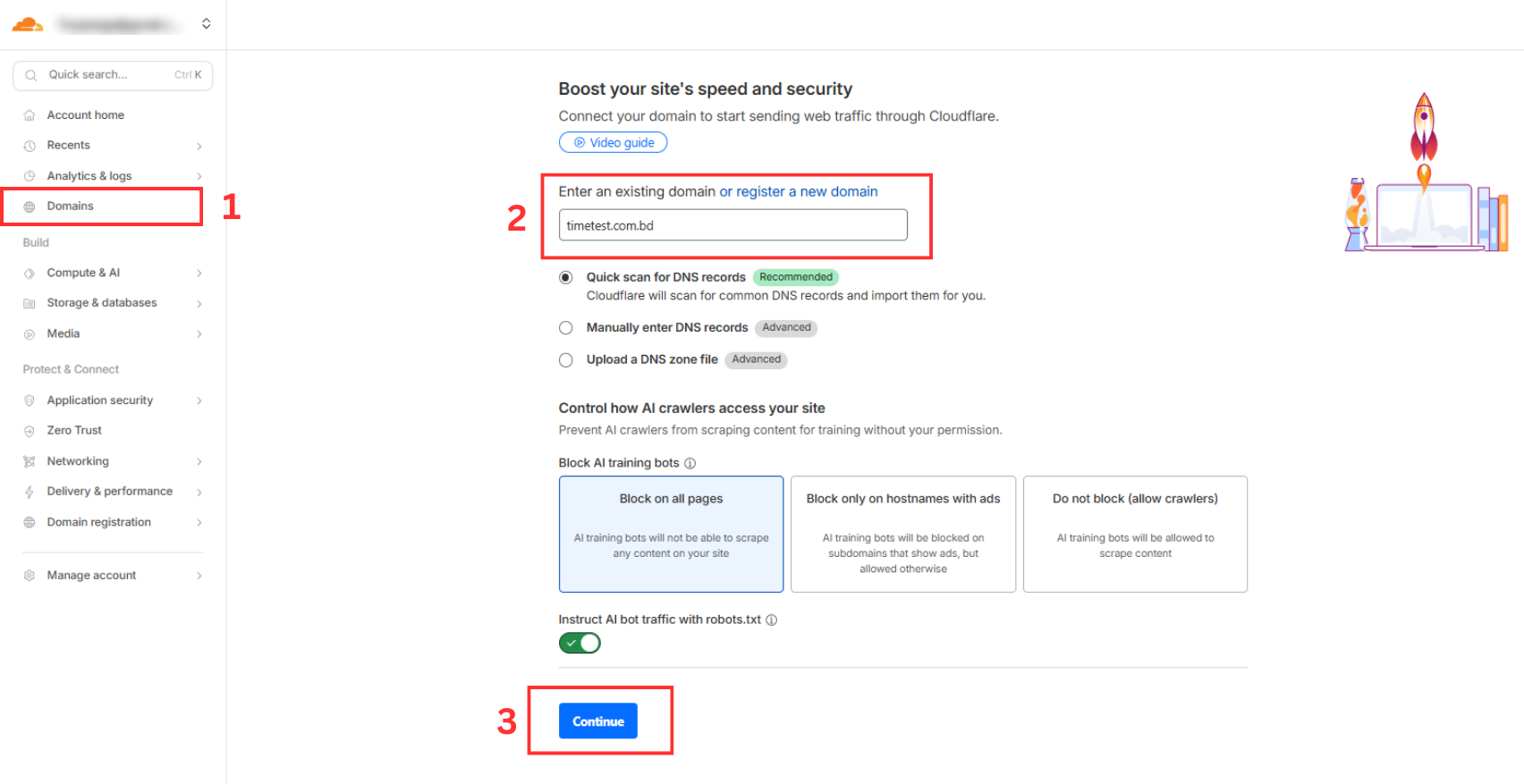 Cloudflare Add a Site পেজ
