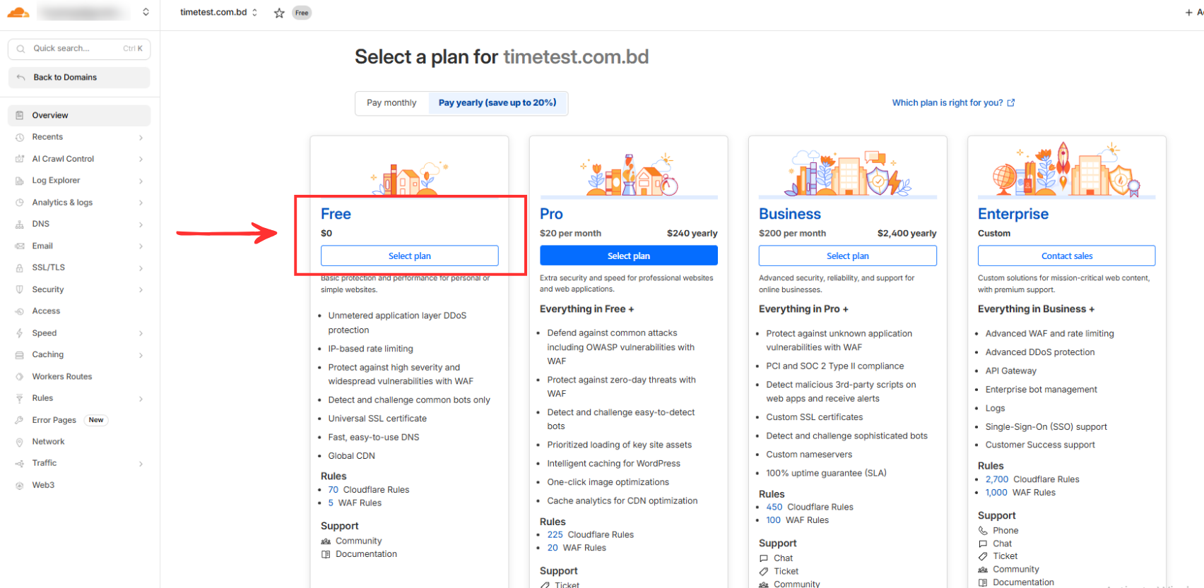 Cloudflare Free Plan সিলেক্ট